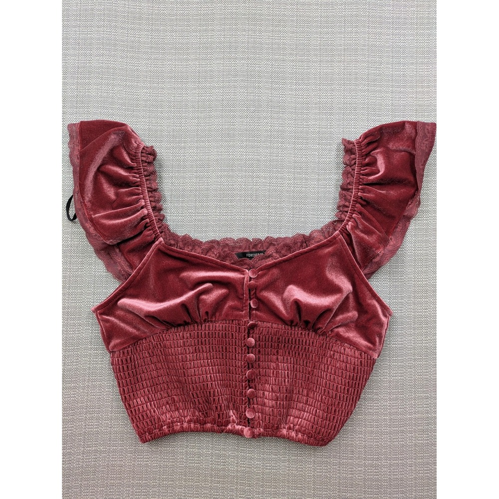 Forever 21 Fairycore Coquette Velvet Milkmaid Crop Top Burgundy Smocked Corset L